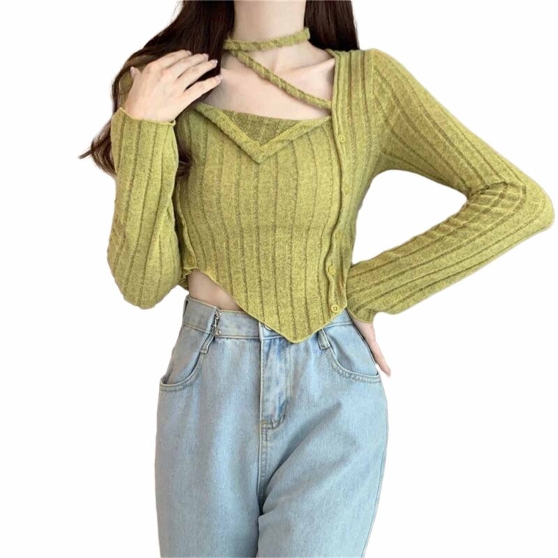 Einfarbig Dünne Pullover Frauen Langarm Rippen Stricken Unregelmäßige Halter Crop Top Dropship