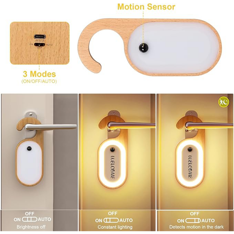 Sensor de mensajes de madera creativo, luz nocturna con Sensor de movimiento inteligente, mango de puerta recargable por USB, diseño de gancho de iluminación LED