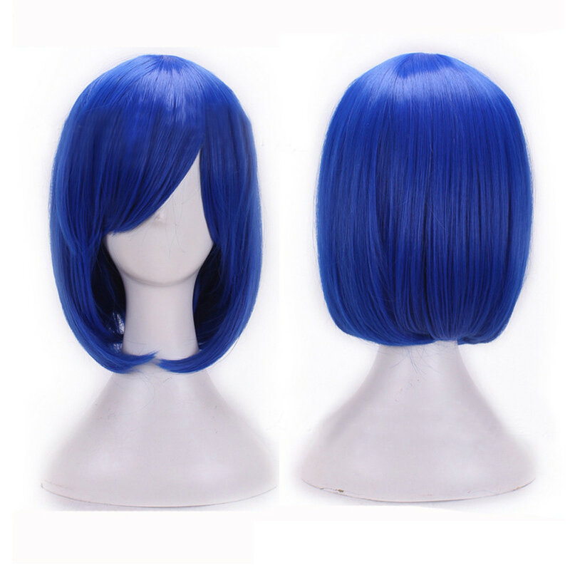 Rambut palsu Cosplay wanita, Wig sintetis tahan panas serat bergelombang berlian biru poni miring pesta Salon pendek