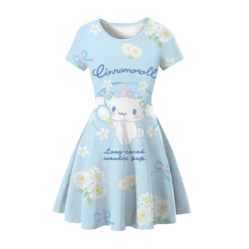 Miniso Sommer neue Mädchen Hallo Kitty Kleid Cartoon niedlichen Kuromi 3D-Druck Frauen Kleider Mädchen Kurzarm Prinzessin Kleid Kleidung