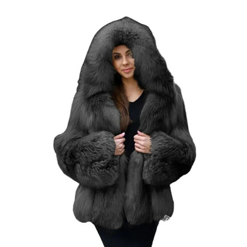 معطف فرو ثعلب متوسط الطول للنساء ، معطف دافئ بغطاء رأس ، الأوروبي والأمريكية