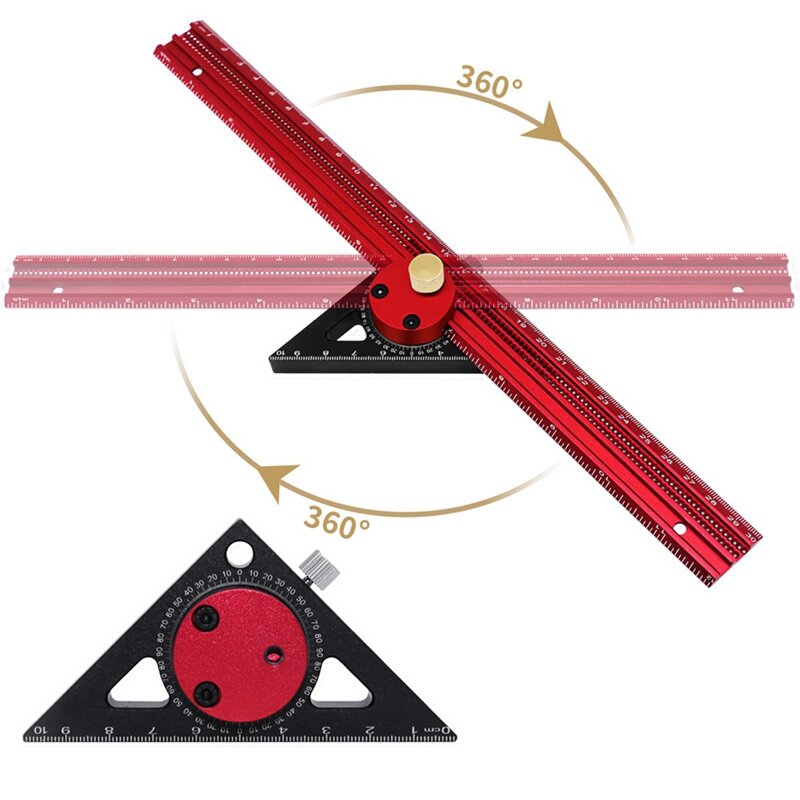 1 PCS 300Mm Woodworking Marking Ruler T Ruler Hole Ruler Line Ruler Red Aluminum Alloy 360-Degree Rotary Marking Ruler