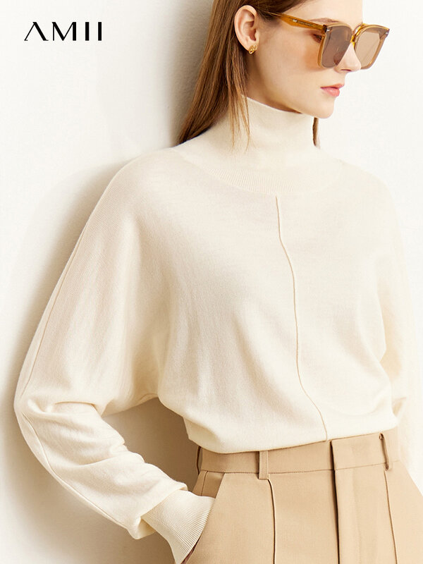AMII-suéter de lana minimalista para mujer, Jersey holgado de manga de murciélago, cuello alto, Tops de punto 100%, otoño 2022