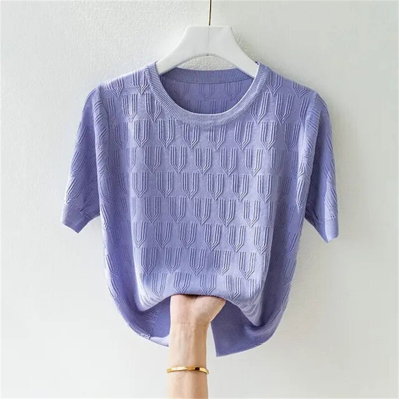 Jersey holgado de seda de hielo para mujer, de manga corta Camiseta de punto, suéter fino de Color sólido, Tops 2024