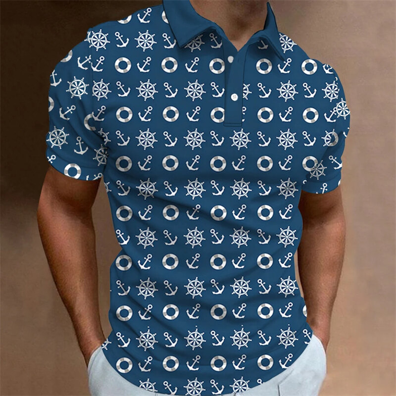남성용 반팔 앵커 패턴 폴로 셔츠, 캐주얼 반팔 단추 라펠 폴로 티셔츠, 패션 디자이너 의류