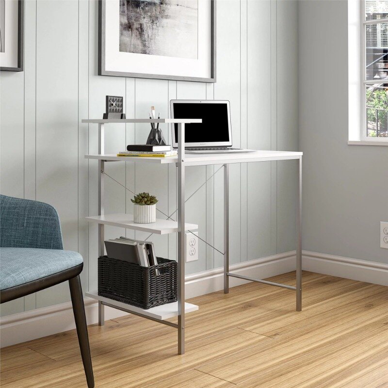 Mainstays Side Storage Desk - White/Natural white desk with drawers  desk table