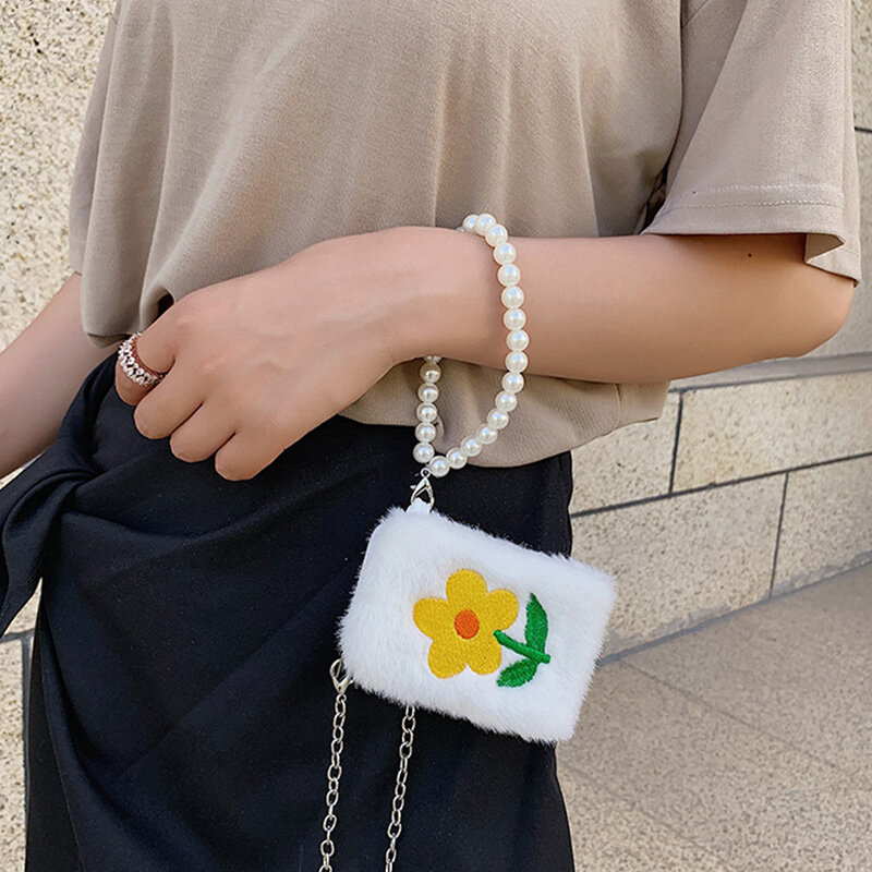 Pearl Mobile Phone Bag Embroidery Sunflower Fairy Wild Shoulder Sling Chain Mini Bag