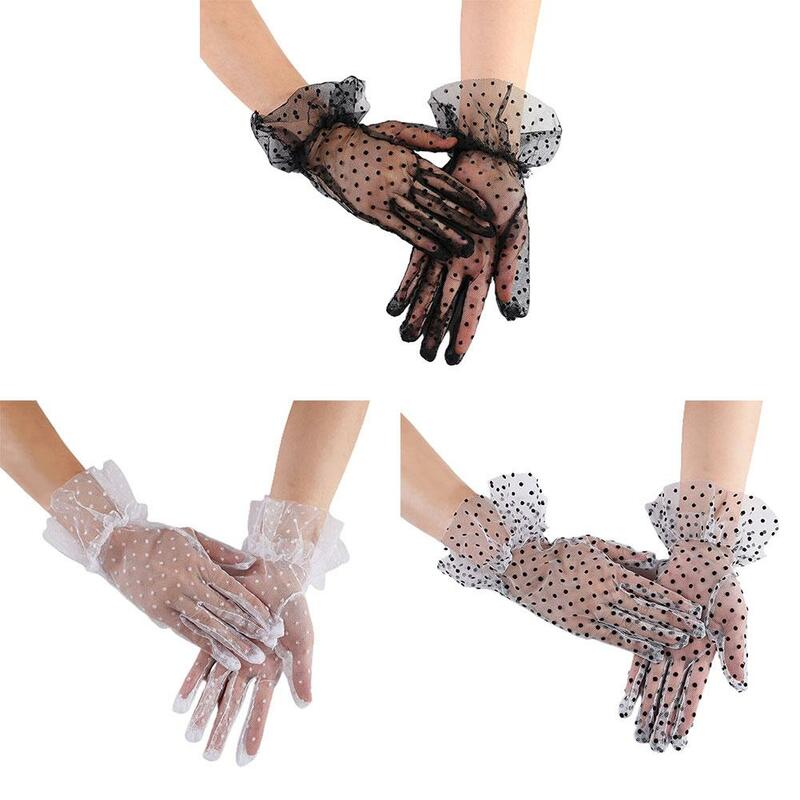 Kobiety seksowne koronkowe rękawiczki w stylu Vintage w kropki krótki czarny białe cienka siatka rękawiczki panna młoda bankiety damskie rękawiczki akcesoria do sukni