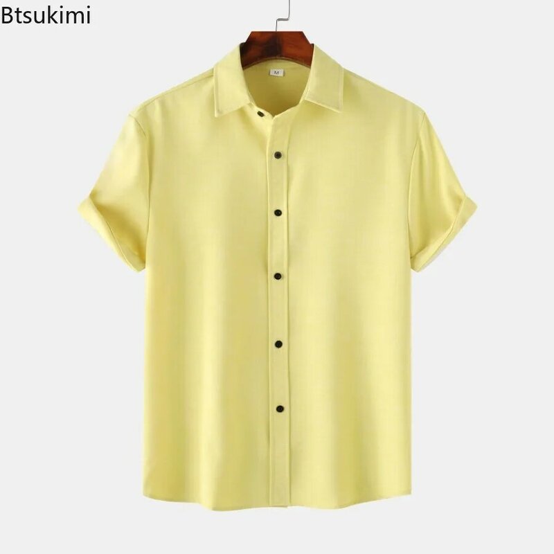 2024 Summer Men's Solid Simple Short Sleeve Shirts Fashion Casual Comfort Cotton Linen Shirt Men Loose Slim T-shirt Beach Blouse