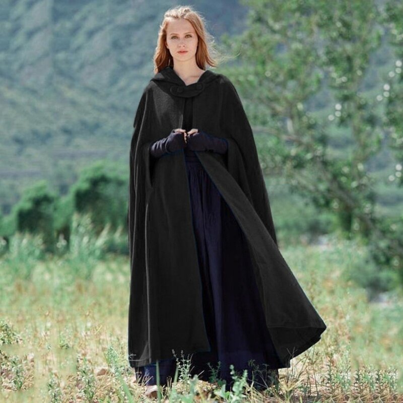 Mantel Wol Bertudung Maxi Musim Dingin Kualitas Tinggi Syal Kasmir Antik Abad Pertengahan Jaket Jubah Panjang Bertudung Longgar Jaket Wol Panjang