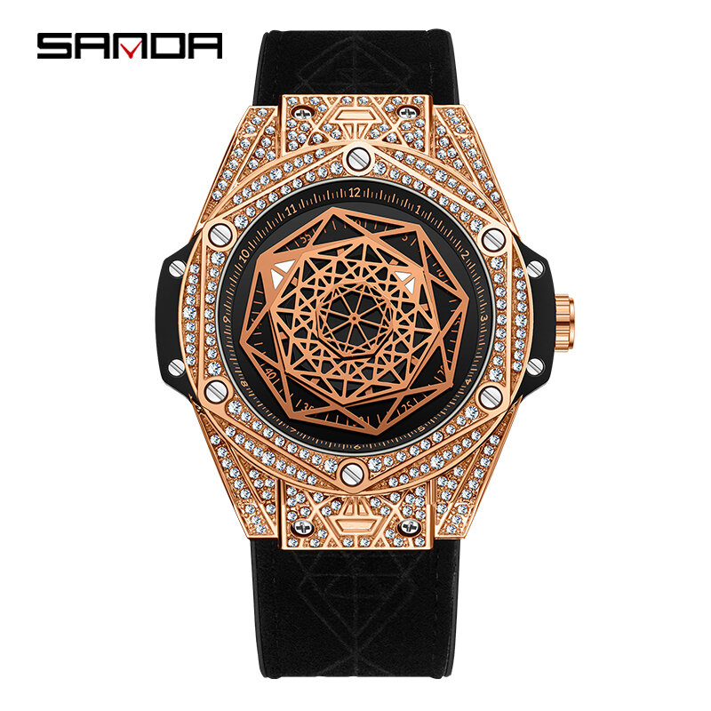 Moda Sanda Top Brand 2023 nowy kwarc męskie luksusowy futerał z diamentami silikonowe fajne tarcze dla mężczyzn świecące wodoodporne zegarki na rękę
