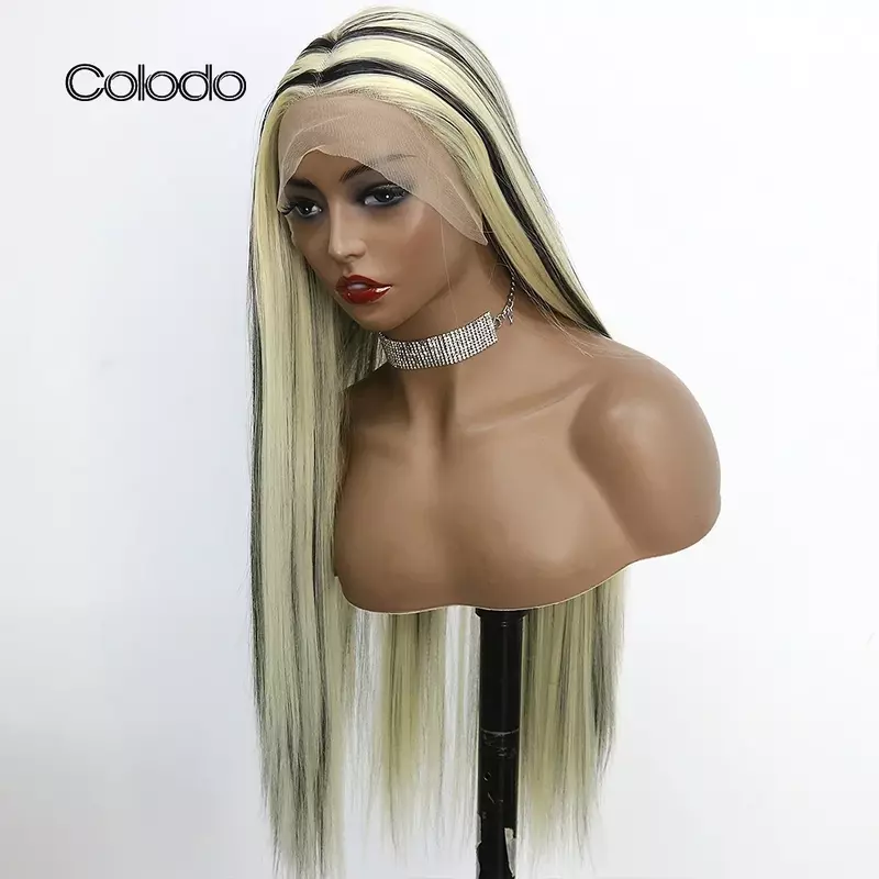 COLODO Silky Straight Synthetic Lace Front Wig Drag Queen Ombre 613 Black Cosplay Wigs for Women 30 Inch Heat Resistant Glueless