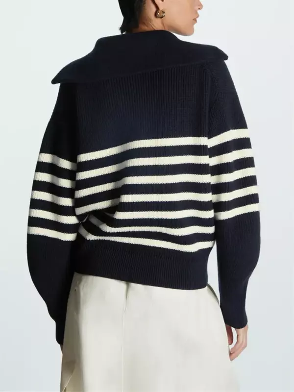 Suéter de meia zíper feminino, gola virada para baixo, pulôver casual de manga comprida, monocromático ou listrado, outono