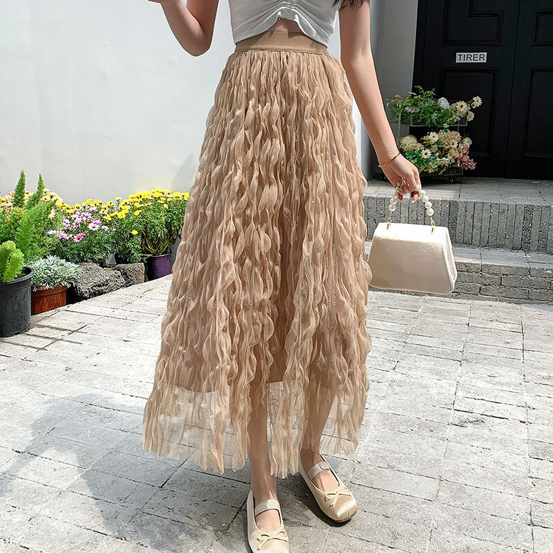 Fairy Skirt Women 2024 New Korean Fashion 3 Layers Pleated Slimming Wave Cute Large Hem Yarn Maxi Skirt