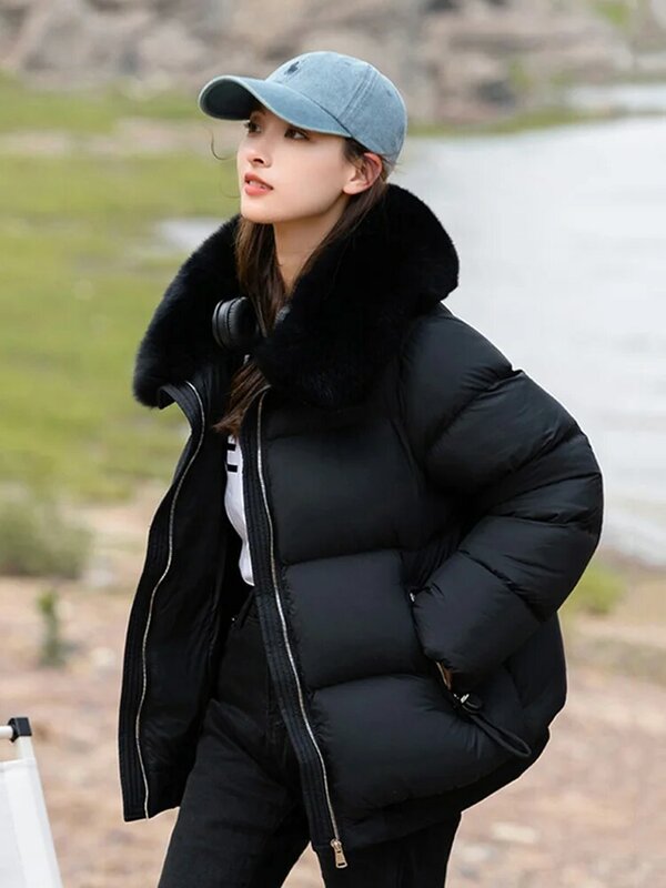 新しい 女性の冬の厚い暖かいダウン ジャケット ファッション ソフト リアル フォックス ファー襟 95 ％ ホワイト ダック ダウン ルーズ ショート コートでいっぱい