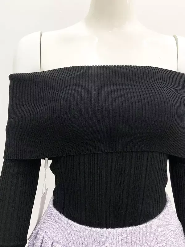 Женский трикотажный свитер с открытыми плечами, с открытой спиной и вырезом лодочкой