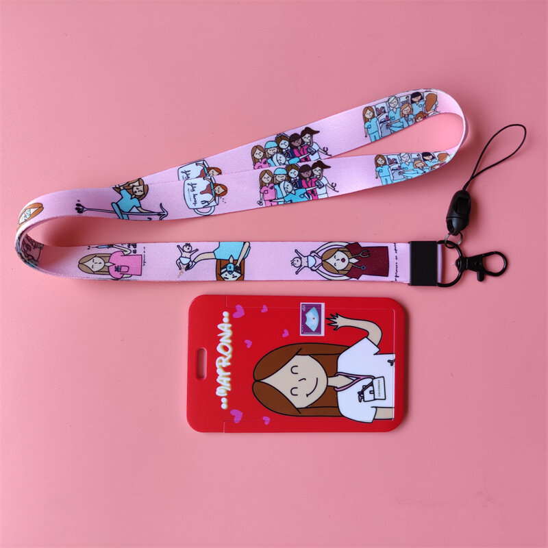Doctor Nurse Pink Lanyard ID Card Holder Girls Badge Holders Neck Straps Women Hospital Work Credential Holder Retractable Clip
