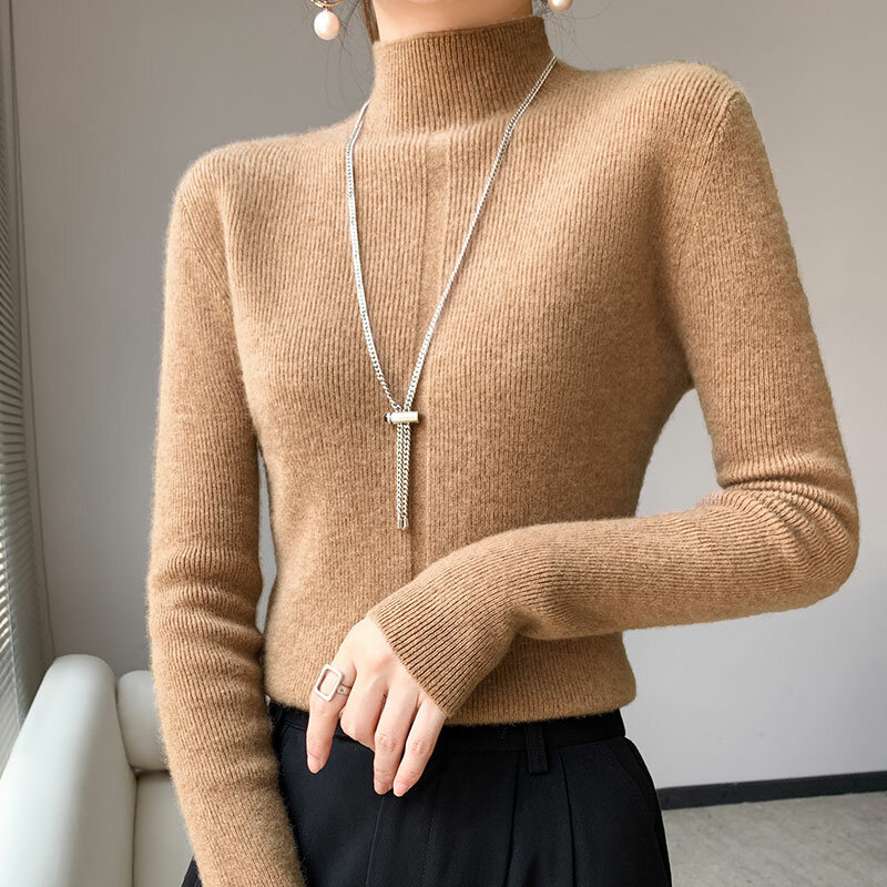 Suéter clásico ajustado de lana con Cuello medio alto para mujer, suéter de temperamento para Otoño e Invierno