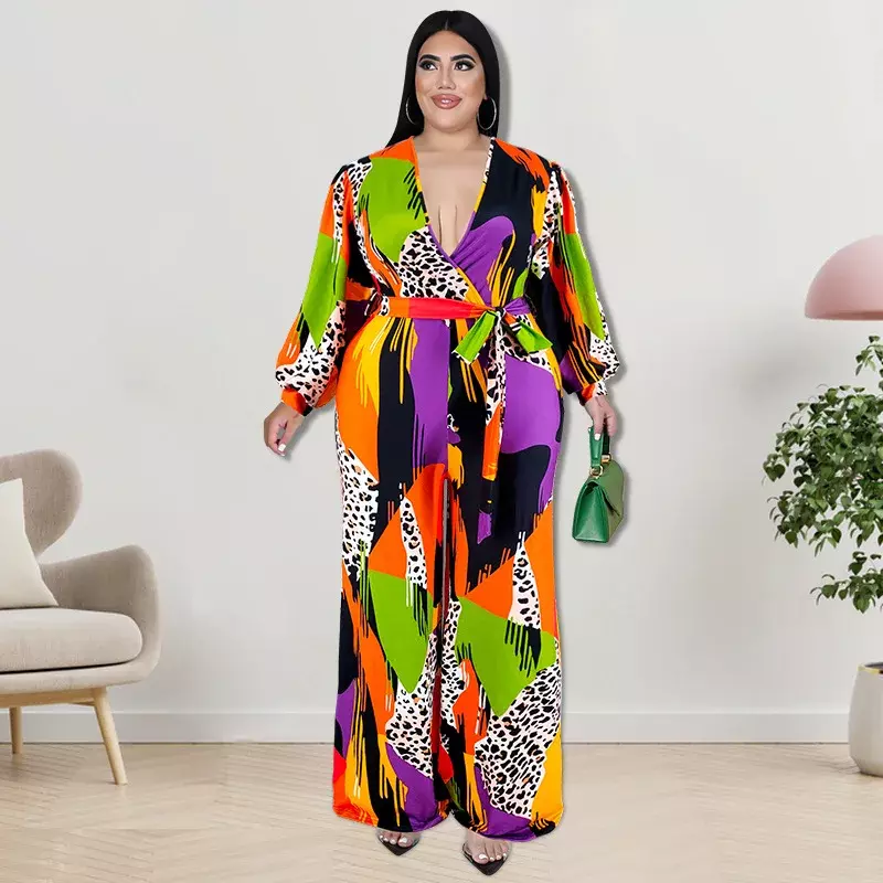 KEXU Women Plus Size Jumpsuit Print Long Sleeve V-neck Bandage Sashes Straight Jumpsuits 2024 Spring Street One Piece Overalls