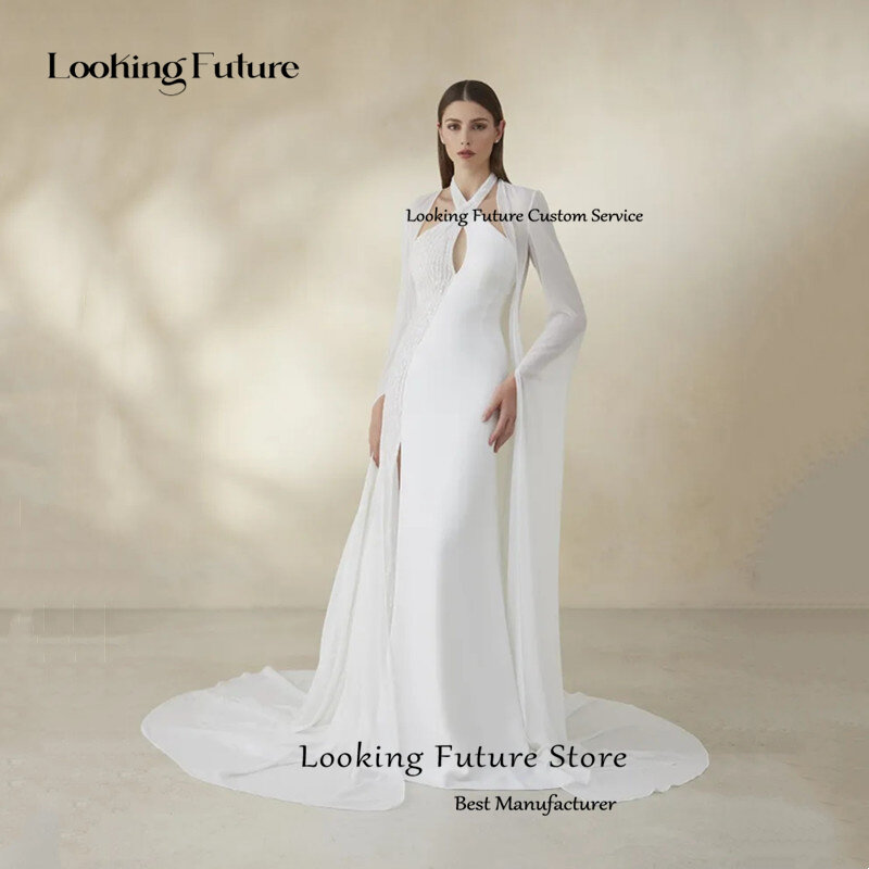 Elegant White Mermaid Satin Halter Cut-out Wedding Dress Simple Pleat High Side Slit Shiny Beading Sweep Train Sexy Backless2024