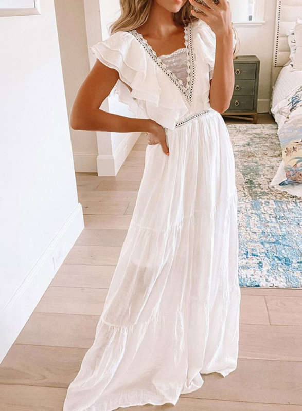 Женское короткое платье с коротким рукавом, элегантное белое кружевное платье с V-образным вырезом, повседневная одежда для женщин, весна-лето 2023