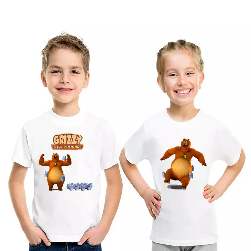 Sonnenlicht Grizzy Bär drucken Cartoon Jungen T-Shirt niedlichen Lemminge lustige Baby Mädchen Kleidung Sommer Kinder T-Shirt Kinder Tops, hkp5426