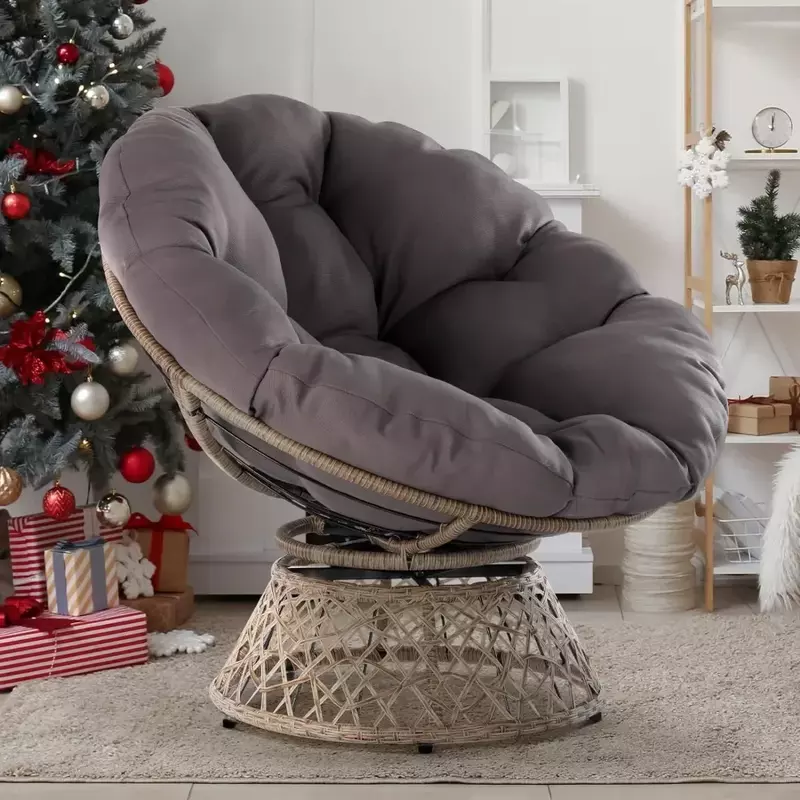 Ergonomiczne wiklinowe krzesło Papasan z poduszka z materiału o miękkie grube gęstości, stalowa rama o dużej pojemności, obrotowe 360 stopni, krzesła pokojowe