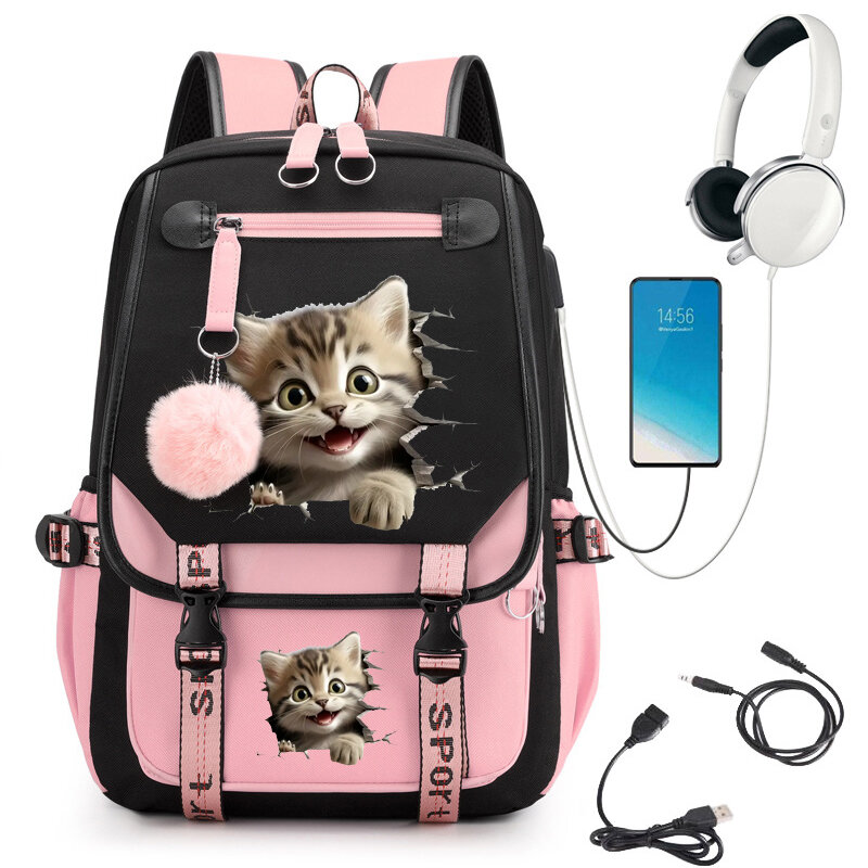 Cat Print School Backpack Bag Cute Cartoon School Bag for Student Teens Bagpack Usb Bookbag Anime Laptop Teenager Backpack Bags