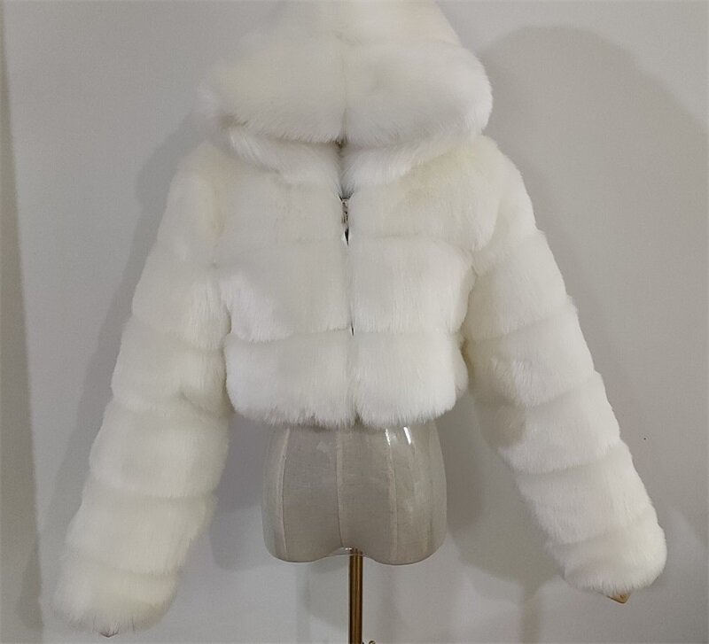 Jaket bulu pendek ukuran besar musim dingin dengan berbagai warna dengan topi, bulu rubah palsu sambungan mewah lengan panjang