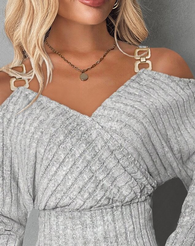 Lady Sexy Wrap Deep V Neck Womens Sweater Solid Color Slim Fit Cold Shoulder Chain Decor Ribbed Top Women's Clothing Streetwear