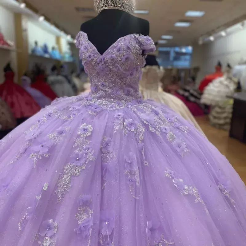 Lavender manis 16 Quinceanera gaun bola gaun bahu terbuka 3D bunga Tull kontes selebriti gaun pesta Prom gaun gaun kelulusan