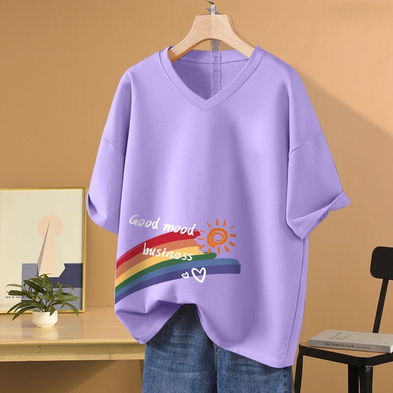 Camiseta holgada estampada con cuello en V para mujer, ropa de manga corta de algodón puro, jersey de M-6xl informal Simple, Top básico de moda para mujer