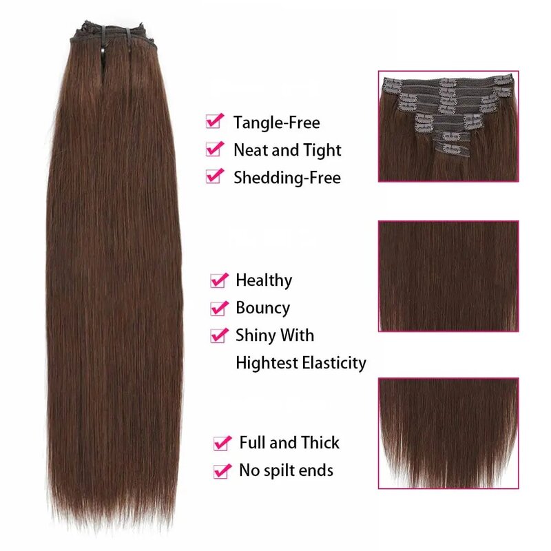 Extensions de cheveux à clipser pour femmes, vrais cheveux humains bruns, double trame, 8 pièces, droites, #4
