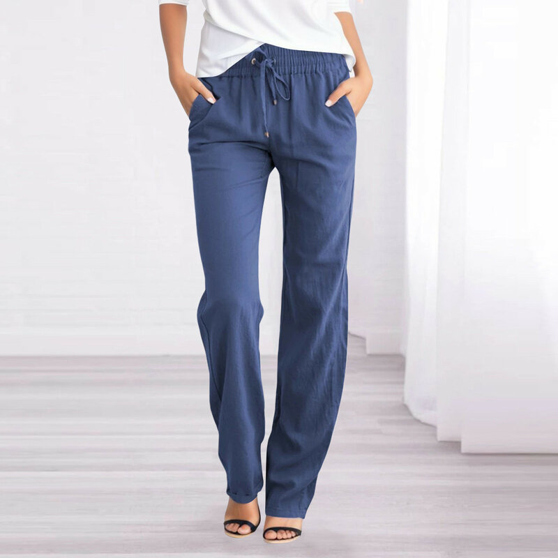 Pantalon en coton taille haute pour femme, jambe droite, pantalon long, décontracté, élastique, simplicité, document solide
