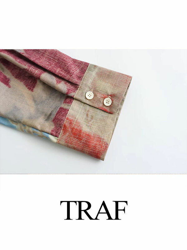 TRAF 레트로 플라워 프린트 여성 캐주얼 셔츠, 플립 칼라, 독특한 히든 단추 상의, 9/4 소매 루즈 셔츠, 용수철 패션