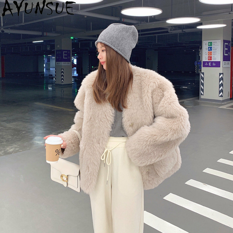 Ayunsue-女性の毛皮のコート,100% ウールのジャケット,韓国のファッション,羊の毛の通気性のあるジャケット,Vネック,2023