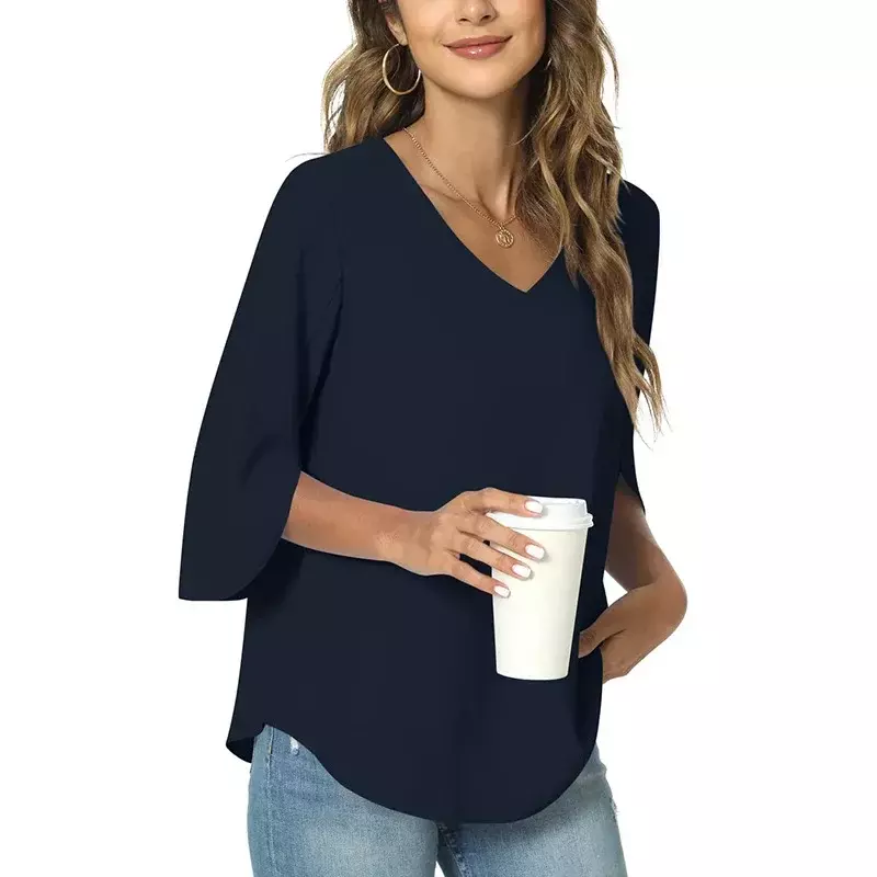 T-shirt curta com pescoço em v para as mulheres, blusa solta, algodão puro, novo estilo, verão, gray22