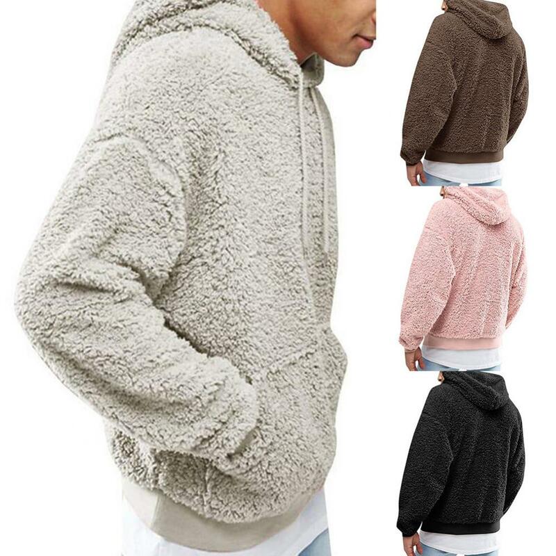 Solid Color Hooded Men Pullover Winter Fluffy Fleece Coat Hoodie Warm Sweatshirt