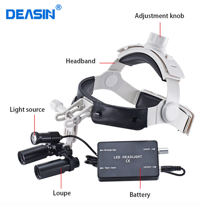 DEASIN-Lupa Dental, Kepler binocular, Kepler Lupas, Headband, ajustável com farol LED, Dentista, Ferramenta Farol Cirúrgico, 5W, 5X, 6X