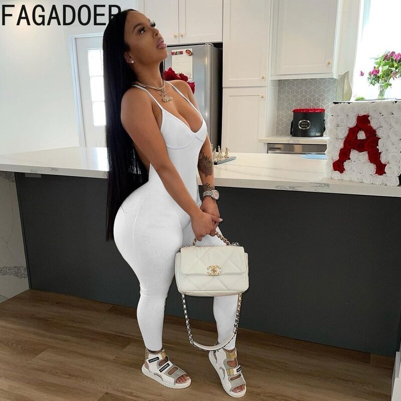 FAGADOER Casual Solid Color Ribber Backless Bodycon Jumpsuits Women Deep V Thin Strap Sleeveless Slim Playsuits Female Overalls