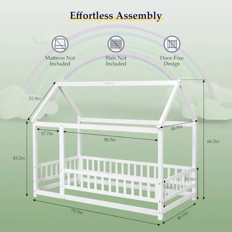 سرير مونتيسوري للأطفال ، سرير أطفال ، سرير ممتد من الأرض إلى السقف ، إطار مع سقف ، سرير منزل خشبي