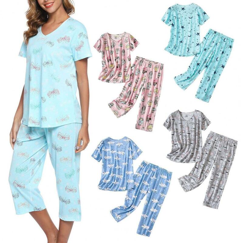 Conjunto de pijama com decote em v feminino, pijama feminino estampado, calças largas, 2 peças Homewear, mãe, avó