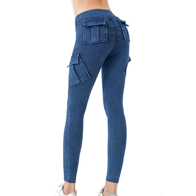 Jeans de cintura alta Slim Peach Buttocks para mulheres, crisântemo nádegas bolsos, roupas esportivas, calças casuais