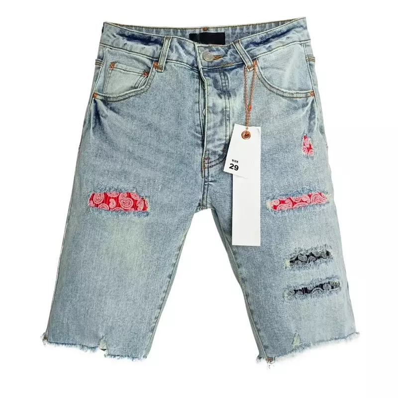 Fioletowe jeansy jeansowe marki Roca American top street raw edge ripped holes patch spodenki jeansowe pięciominutowe spodnie plażowe