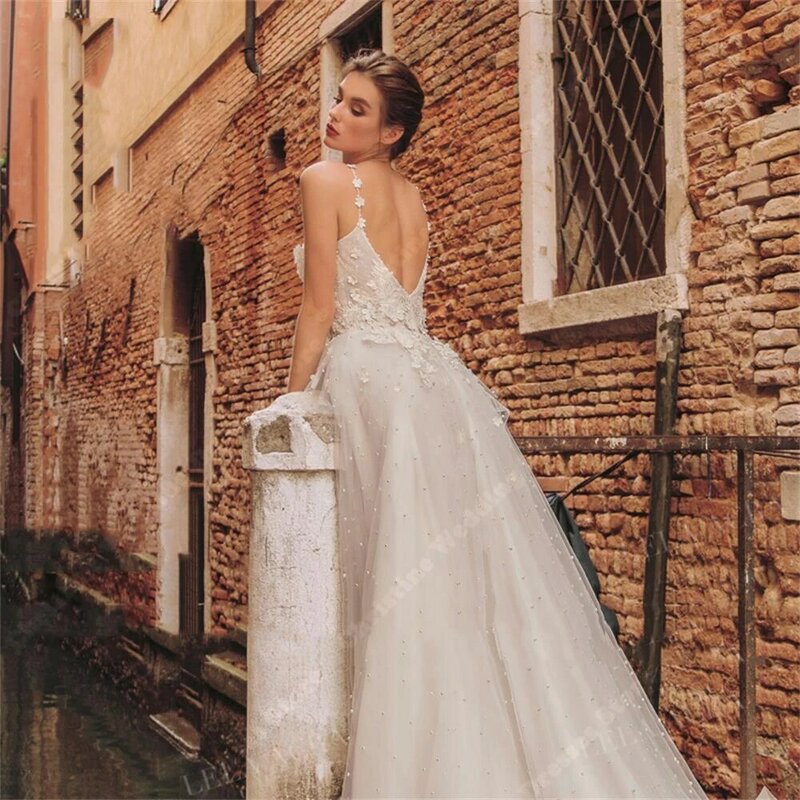 Gaun pengantin Bohemian putih terbaru gaun pernikahan tali bahu tipis Applique renda Formal punggung terbuka Vestidos De Noivas