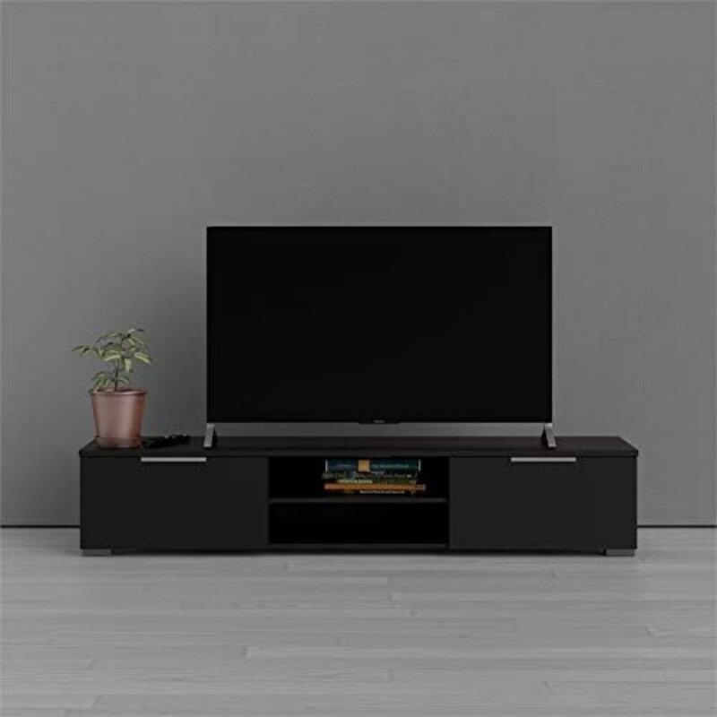 67-calowy nowoczesny stojak na TV ze schowkiem w kolorze czarnym matowym
