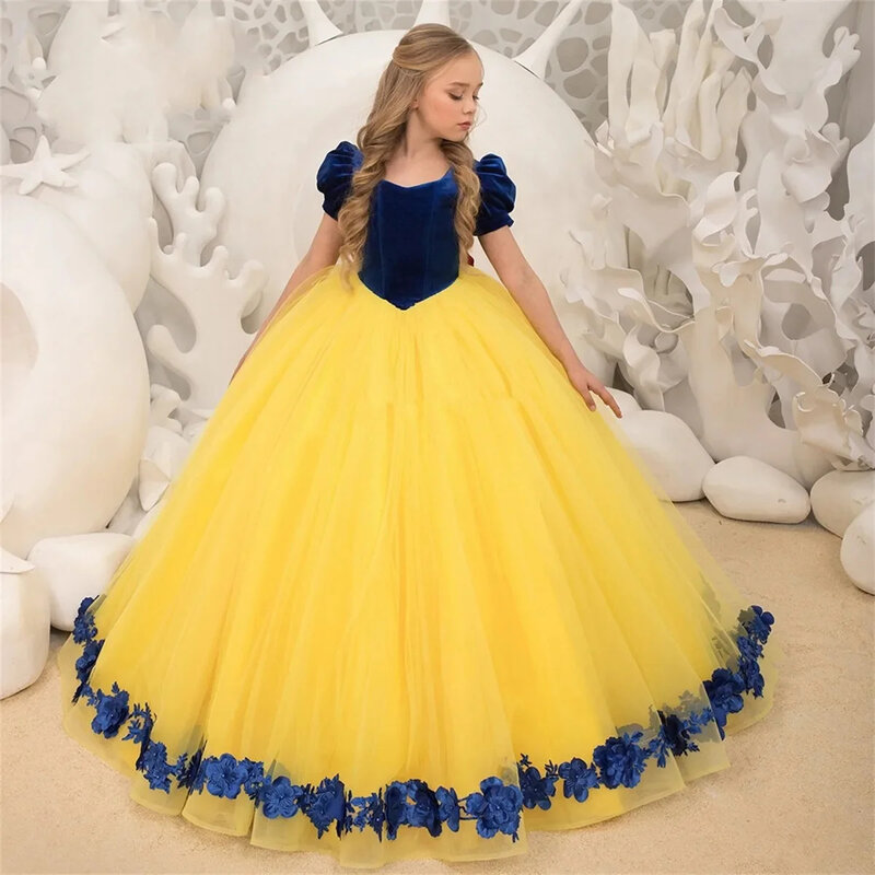 Elegant Velvet Flower Girl Dress For Wedding Tulle Puffy Applique With Bow Princess Child First Eucharistic Birthday Party Dress