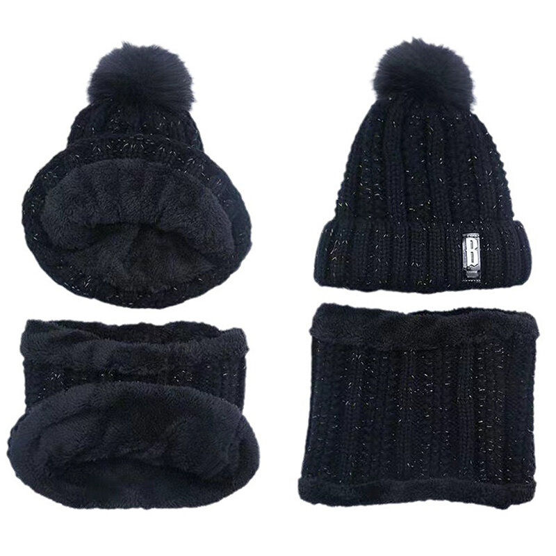 Topi syal rajut wanita, tutup kepala beanie tengkorak Solid hangat tebal untuk berkendara salju luar ruangan, musim dingin