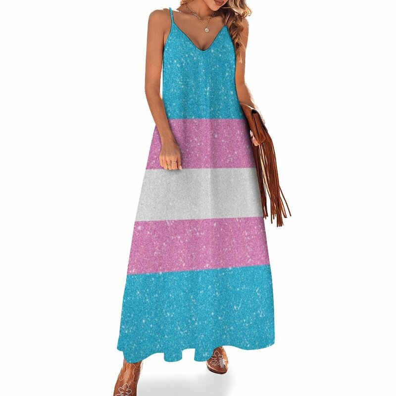 女性のための光沢のある反射ストライプドレス,トランスジェンダーのフラッグを備えたファッショナブルなノースリーブの夏服,2023