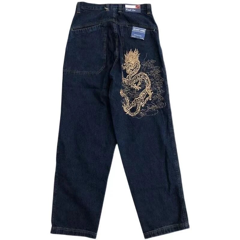 Pantalones vaqueros holgados de gran tamaño para hombre y mujer, ropa de calle estilo gótico, Harajuku, Hip Hop, dragón, Retro, negro, Y2k, 2023